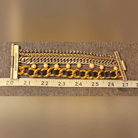 Juicy Couture Gold Multiple Bangle Bracelet Multi Strand Pearl Pave Black Ribbon - Picture 12 of 13